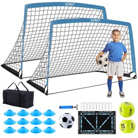 2 Set Kids Soccer Goals for Backyard with Training Equipment, 5×3 Portable Foldable Practice Nets with Ball, Dice & Mat, Cones, Air Pump and Carry Bag for Toddler Youth Outdoor Sports Game