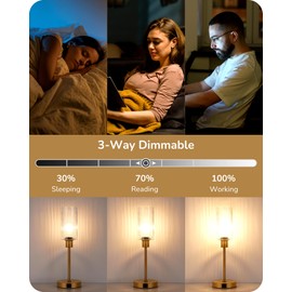 EDISHINE Bedside Lamp Touch Control, with USB C+A Charging Ports, 3 Way Dimmable Glass Table Lamp with Striped Glass Shade, Nightstand Lamp for Bedroom Living Room Office, Gold