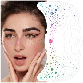 8 Count Holographic Rainbow Face Glitter Freckles with Wipes, Temporary Tattoos Makeup Patches, Sparkle Freckles Face Tattoo, Mix of Mermaid Scales, Hearts, Speckles, Stars, Dots, Cool Party Supplies