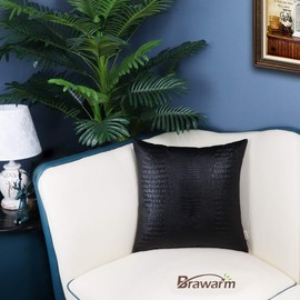 BRAWARM Pack of 2 Cozy Throw Pillow Covers Cases for Couch Sofa Home Decoration Solid Dyed Crocodile Faux Leather Both Sides 16 X 16 Inches Black
