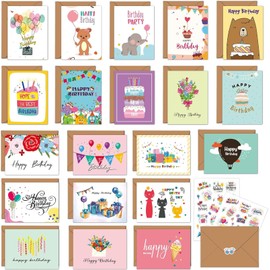 20PCS Happy Birthday Cards Assortment, 7.5 * 10CM Blank Cards With Envelopes and Stickers, Unique Happy Birthday Greeting Cards for Family, Kids, Friends and Office