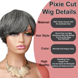 Salt and Pepper Wig Silver Grey Pixie Cut Wigs Remy Human Hair for Black Women with Bangs, 5 Inch Silver Grey Straight Short Pixie Cut Old Lady Wigs Wear and Go Glueless None Lace Salt and Pepper Wig