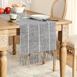 ZeeMart Farmhouse Table Runner, Rustic Table Runners 48 Inches Long, Linen Boho Table Runner, Braided Striped Grey Table Runner for Dining Party Holiday, 15x48 Inches, Braided Charcoal Grey