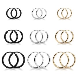 9 Pairs Huggie Hoop Earrings for Women,Kucheed 316L Surgical Stainless Steel Hugging Earrings,Sized 10/12/14mm,Round Tube Click Post Clasp Hinged Earrings Set Fashion Gift