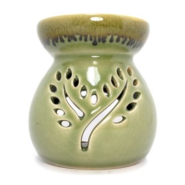 Celadon Ceramic Aroma Fragrance Essential Oil Burner (Oil Lamp, Oil Diffuser), Approx. 3.5 in. x 3.5 in. x 4 in., Glazed & Crackled Finish, Green Color