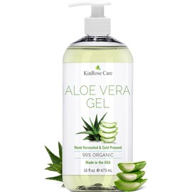 KinRose Care, 16oz Organic Aloe Vera Gel for Face, Skin, Hair & Sunburn Relief - From 100 Percent Pure Aloe Vera - Cold Pressed, Vegan, Unscented - Made in USA.