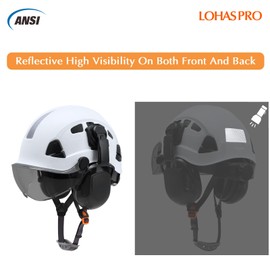 LOHASPRO Safety Helmet Hard Hat with Visor and Ear Muffs Work Helmet 6 Point Suspension ANSI Z89.1 Approved for Tree Chainsaw(White with Tinted Visor+Earmuffs)