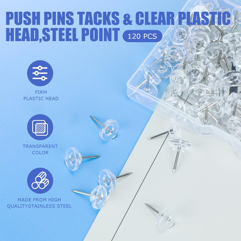 120 Count Clear Push Pin Tacks, Premium Thumb Tacks Steel