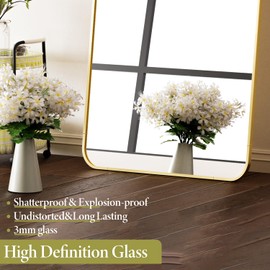 Koonmi Gold Floor Mirror Full Length, 59"x16" Rounded Corner Full Length Mirror with Stand, Hanging or Leaning Against Wall, Aluminum Alloy Frame Dressing Mirror for Living Room, Bedroom