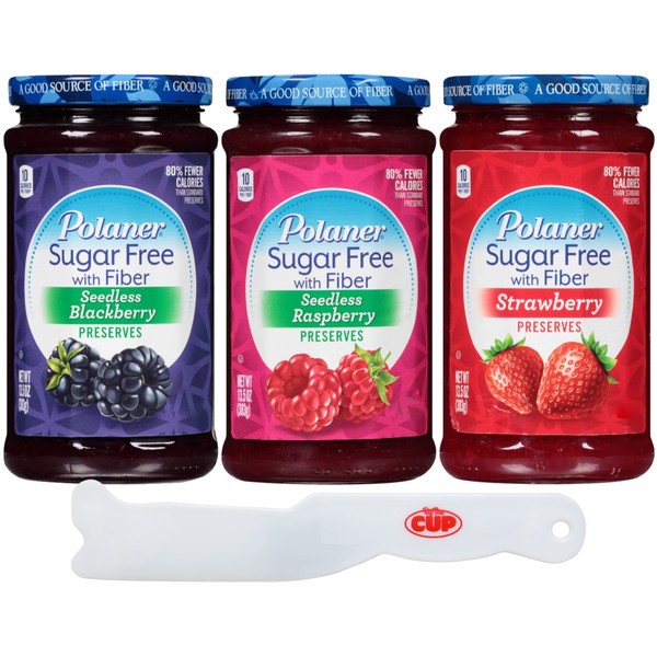 Polaner Sugar Free Preserves Sweetened with Sucralose 13.5 Ounce Variety, Blackberry, Raspberry, Strawberry with By The Cup Spreader