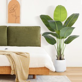 Artificial Bird of Paradise Plant 4Ft Tall Fake Tropical Palm Tree Large Fake Plants with 9 Silk Banana Leaves Faux Plant Indoor Decor Trees with White Pot for Home Bedroom Living Room Office（2pcs）