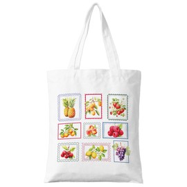ZYQFN Vintage Fruit Stamp Canvas Tote Bag - Summer Aesthetic Reusable Grocery Bag - Eco-Friendly Farmers Market Tote Bags for Beach, Picnic & Travel. (123)
