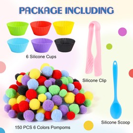 iCraftine iCraftine 158 PCS Fine Motor Skills Set - 150 Pom Poms, 6 Sorting Bowls, Tweezers, Spoon, Sensory Bin Filler for Preschool Kids Counting, Sorting, Matching Training Activity