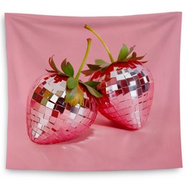 QGFM Strawberry Tapestry, Hot Pink Preppy Girly Strawberry Tapestry Wall Hanging, Trendy Funky Y2K Disco Ball Strawberries Wall Decor Blanket for Girls Room College Dorm Apartment, 50x60 Inches