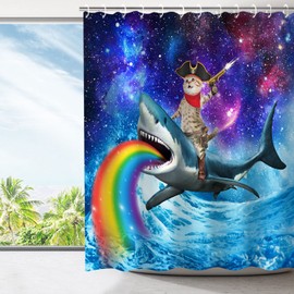 RosieLily Cat Whale Shark Bathroom Curtain, Cat Shower Curtains Set with 12 Hooks, Waterproof Cool Shower Curtain, Funny Shower Curtain, 72”x72“