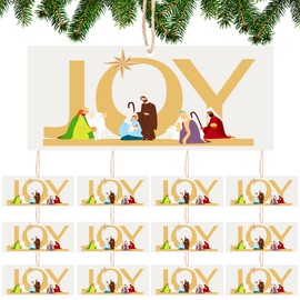 Bucherry 12 Pieces Nativity Christmas Tree Ornament Believe Joy Wooden Nativity Scene Decorations Hanging Jesus Christmas Ornaments Religious Ornaments for Christmas Tree Decorations (Joy Style)