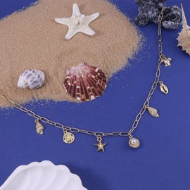 ESSPECS Beach Charm Necklace for Women Trendy Starfish Seashell Charm Gold Chain Necklace Hawaii Summer Beach Jewelry Ocean Shell Starfish Conch Pendant Necklace for Women (Style A)
