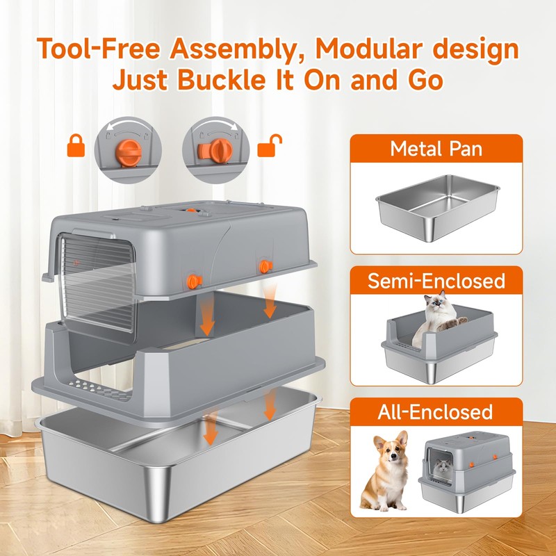 Stainless Steel Litter Box with Lid, High Sided Enclosed Metal