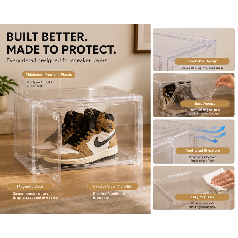 Large Clear Sneaker Display Box with Magnetic Front Door, Stackable