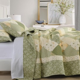 SahSahCasa 100% Cotton 120"x102" Oversized Queen Bedspread Coverlet Quilt Set, Queen Quilted Bedspread Extra Large Quilt, Floral XL Bed Spread Lightweight Comforter, 3pc, Green/Cream White