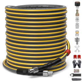 TUTULUCK Sewer Jetter Kit for Pressure Washer, 5800PSI Drain Cleaner Hose 1/4 Inch NPT Corner,Showerhead,Rotating rotates,Mushroom Nose,Corner sewer nozzle(150FT)