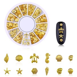 DANNEASY 6 Wheels 3D Gold Nail Studs Metal Nail Charms Nail Art Rivets Manicure Decoration Kit Star Moon Shell Cross Flower With 1Pc Curved Tweezers And Wax Pen