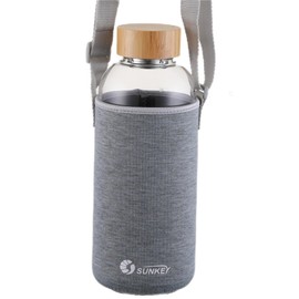 sunkey Sports Borosilicate Glass Water Bottle Wide Mouth 48 Oz Large Water Bottle with Bamboo Lid Neoprene Sleeve Bpa Free