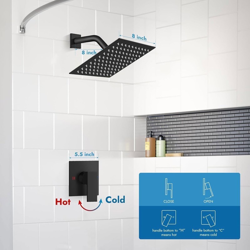 Shower Faucet Set Black Rain Shower Head Combo with Mixer