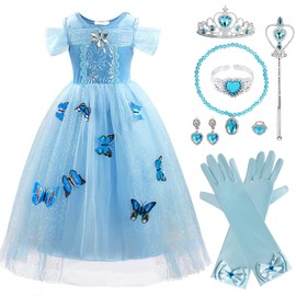 Discoball Cinderella Dress For Girls,Cinderella Costume,Blue Fancy Dress Girls Blue Butterfly Dress Up for Wedding, Cosplay, Prom, Birthday Party