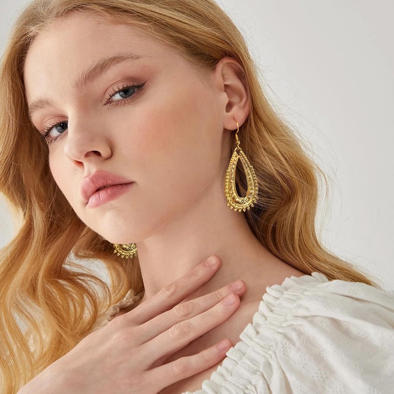 ENSKEFEN Hammered Gold Drop Earrings for Women 14K Gold Plated