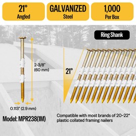 meite 21 Degree Framing Nails 2-3/8-Inch, Full Round Head Galvanized Finish (1,000 Counts) Ring Shank for 20-22 Degree Plastic Collated Framing Nail Guns