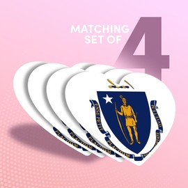 Vinyl Heart Stickers (Set of 4) 10cm - Massachusetts State Flag Emblem for Laptops, Tablets, Luggage, Scrap Booking, Fridges #60758
