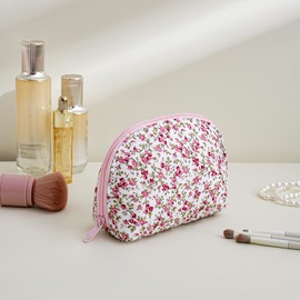 WHHJM Dome Cosmetic Makeup Bag Small Cotton Quilted Makeup Pouch for Purse Cute Floral Travel Toiletry Zipper Pouch (Red Floral)