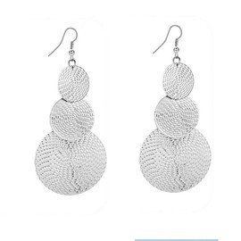 KaFu Lightweight Bohemia Geometric 14K Gold Round Disc Triple Long Earrings Dangle Drop Filigree Carved Statement Earring for Women (Silver)