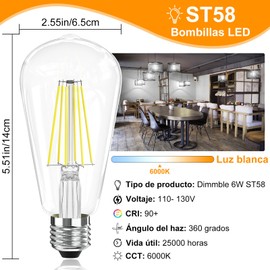 Bombilla LED Edison 6W, Foco LED Decorativas de Filamento Con 90+ CRI, 750 Lúmenes, E26, Regulable (4, Luz blanca)