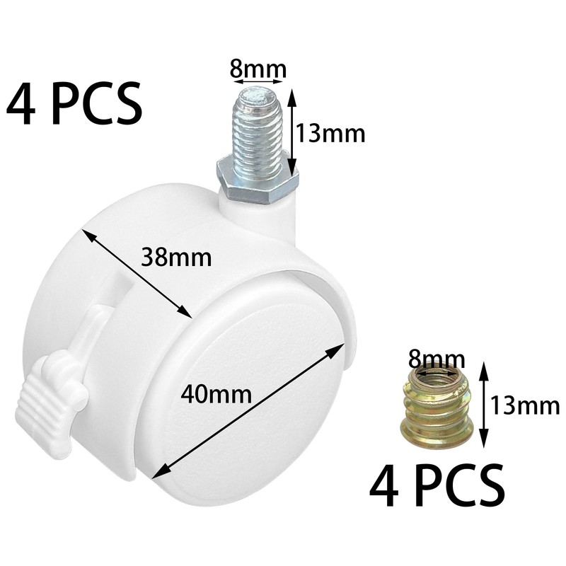 4 PCS Swivel Universal Casters Wheels with Brakes,Furniture Castor (White)