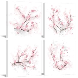 AoArtWZ 4 Piece Pink Flower Canvas Wall Art Plum Blossom Pictures Painting for Bedroom Decor Abstract Elegant Floral Prints Artwork