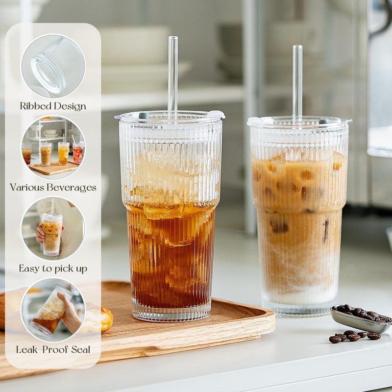 KEMORELA 6-Pack Ribbed Glass Tumblers with Lids & Straws –