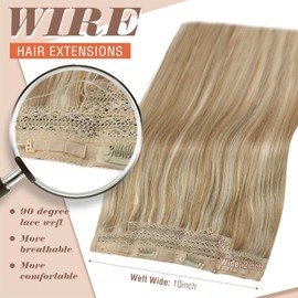 Sunny Hair Wire Hair Extensions Human Hair Invisible Wire Hair Extensions for Women Straight Hidden Hair Extensions with Adjustable Line Caramel Blonde Highlight Bleach Blonde 18Inch
