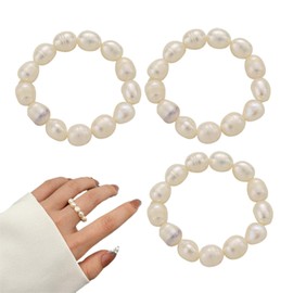 Bkemkri Pack of 3 Pearl Rings for Women, Elastic Oval Pearl Rings, Multi Pearl Rings, High Quality Freshwater Pearl Jewellery, Natural Pearl Rings, Fashion Jewellery Gift for Women and Girls, Pearl,