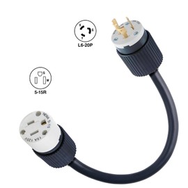 Twist Lock L6-20P 20AMP Plug to NEMA 5-15R Receptacle, Output Only 125 Volts