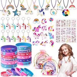 vamei 72 Stück Einhorn Party Kindergeburtstag Mitgebsel Gastgeschenke Einhornparty mit Silikonarmband Schlüsselanhänger Ringe Tattoos Kinder Mädchen