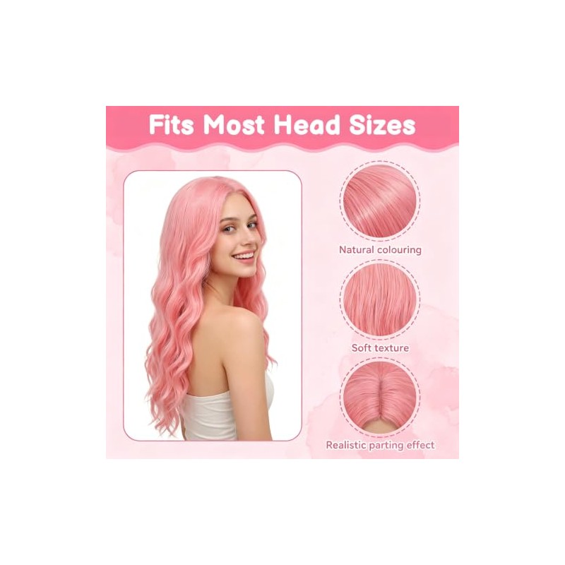 24 In Long Light Pink Wavy Wig for Women