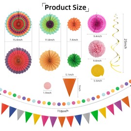 32Pcs Paper Fan Party Decoration Set Mexican Birthday Party Decor,Colorful Hanging Paper Fans Pom Poms Flowers Swirls Garlands String,Polka Dot Triangle Bunting Flag for Fiesta Wedding Party Supplies