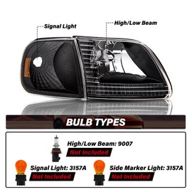 Bingbingmotor BRYGHT 4pcs Headlight Assembly for 97-03 F150, 04 F150 Heritage, 97-02 Expedition, 97-99 F250 Light Duty with Corner Lights (Black Housing with Amber Reflector)