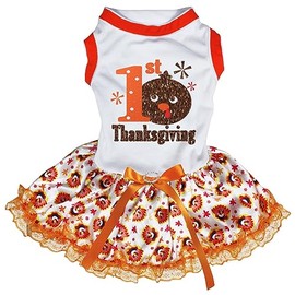 Petitebelle 1st Turkey Thanksgiving Puppy Dog Dress (White/Turkey Lace, XXXL)