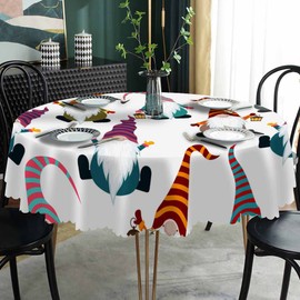 AOYEGO Lovely Gnomes Table Cloth Dwarf in Colorful Hat Funny Cartoon Style Winter Round Tablecloth 60 Inch for Dining Room, Party, Banquet