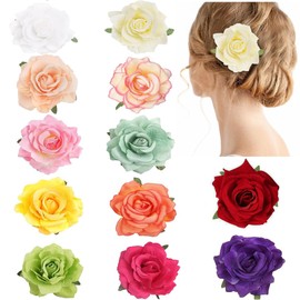 12PCS Elegant 4inch Rose Flower Hair Clips Hairpins Floral Brooches Pin Boho Hair Clip Rose Hair Accessories For Women Girls Lady Bridal