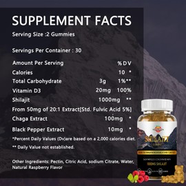 Shilajit Gummies for Men & Women - Pure Himalayan Shilajit Gummies 1200mg with Chaga, Vitamin D3,Black Pepper& Fulvic Acid, 100% Natural, 60 ct