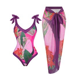 Womens One Piece Swimsuit with Cover Up Slimming 1 Piece Bathing Suit with Sarong Wrap Retro Floral Print Swim Suit with Beach Cover Up Set Push Up Swimwear Purple Floral Small